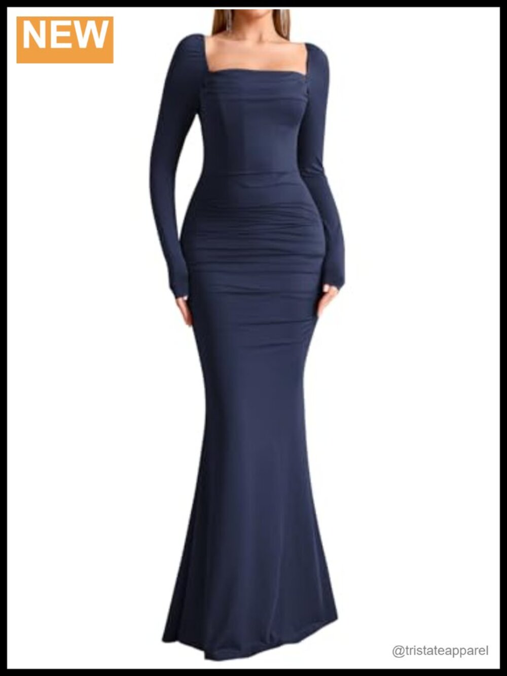Corset Maxi Dress Long Sleeve Square Neck Ruched Bodycon Formal Wedding Guest